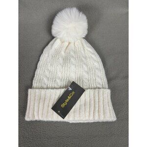 Style & Co. Ivory (White) Cable Knit Pom-Pom Beanie Hat One Size New With Tag's